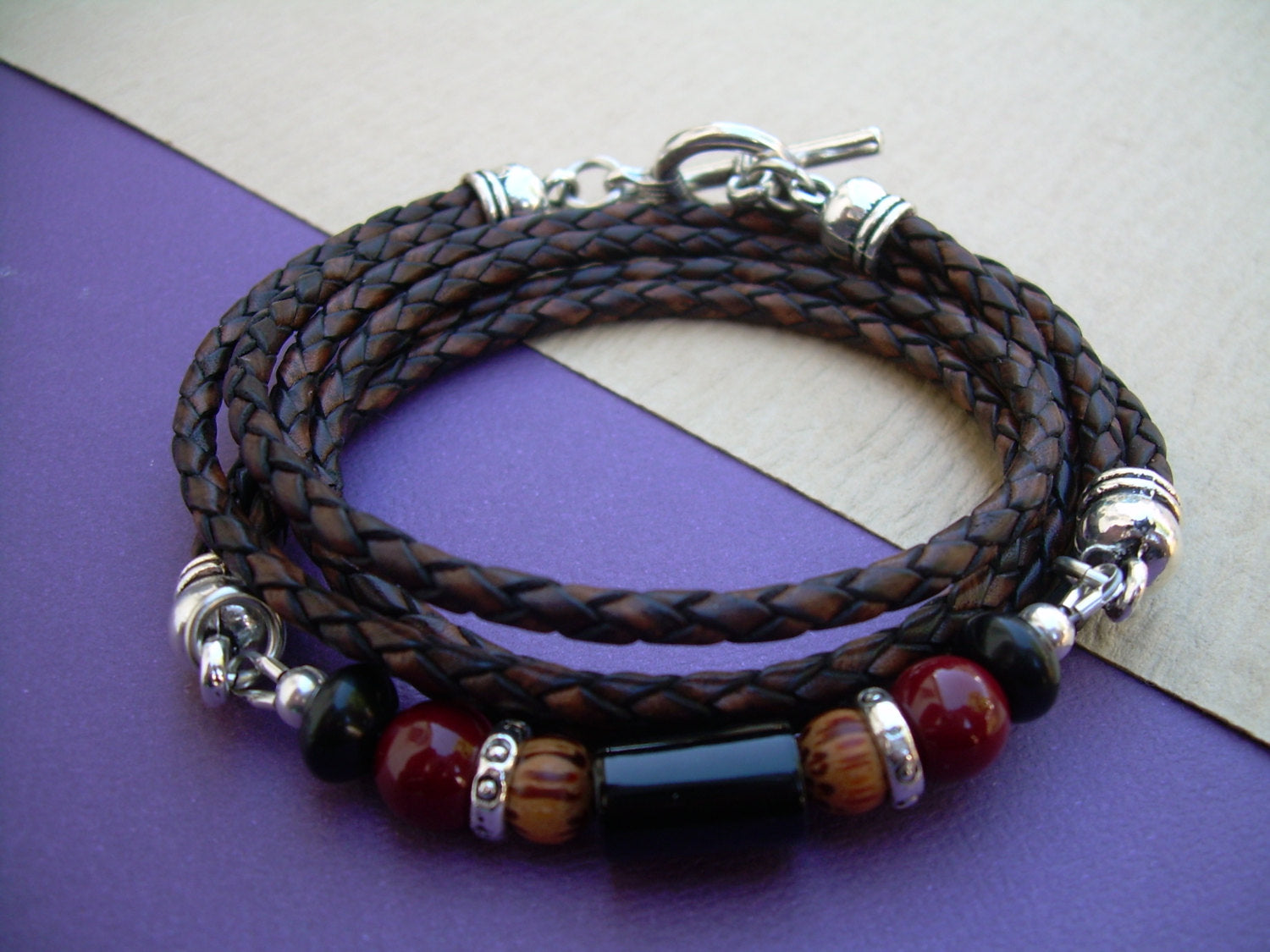Gemstone and Leather Wrap Bracelet, Antique Brown Braided, Mens 
