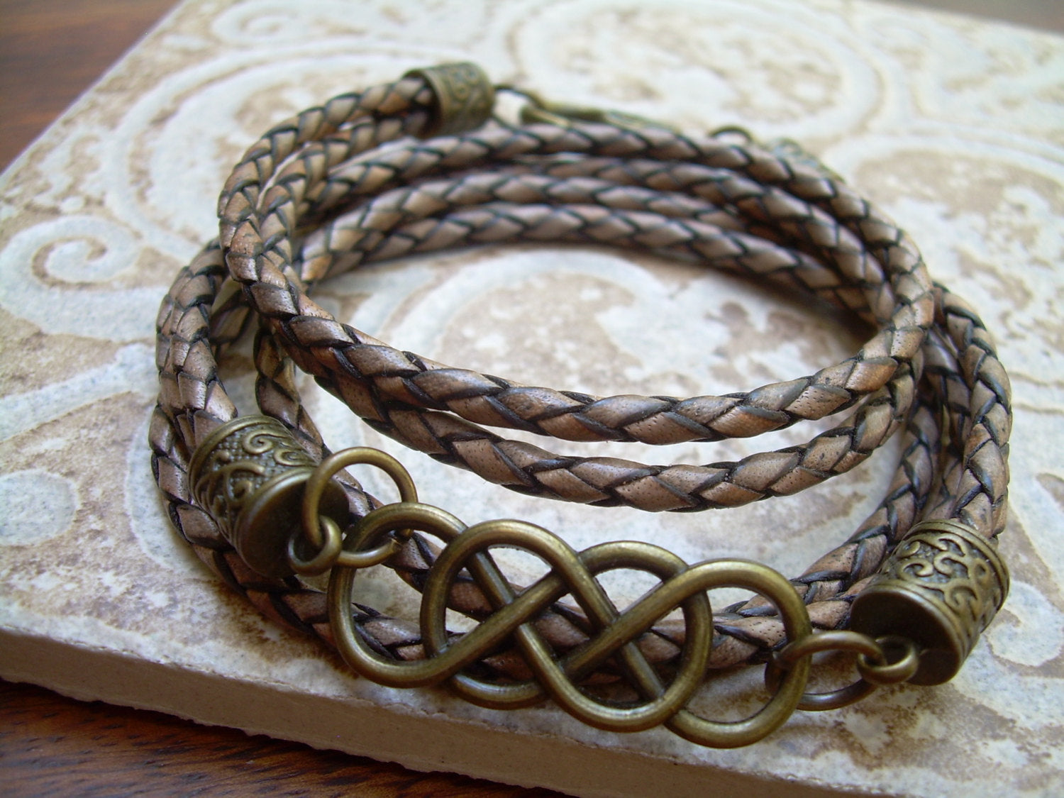Double Infinity Leather Bracelet with Antique Bronze Hardware
