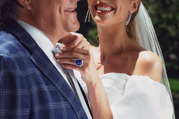Featured jewelry by Stephen Silver: Burma sapphire and diamond high jewelry ring (30081), Pave set diamond drop earrings with pave set pear shapes (31214)