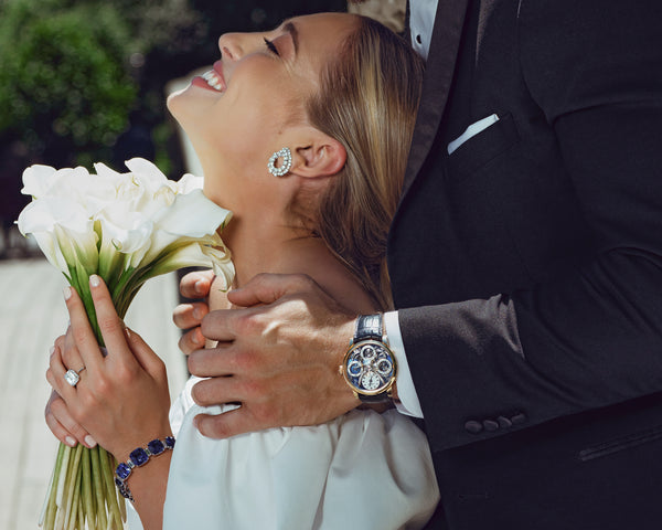 Featured: Cushion cut diamond halo ring by Stephen Silver, original high jewelry ceylon cushion cut blue sapphire and diamond bracelet by Stephen Silver, Open circle double row diamond clip-on earrings by Stephen Silver, MB&F Legacy Machine Perpetual yellow gold timepiece 