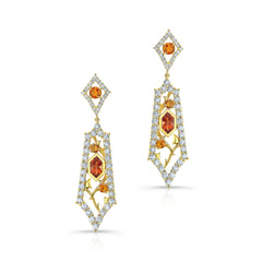 18kt yellow gold drop earrings containing 1.16 total carats of Oregon sunstone, 0.83 total carats of orange sapphires, and 3.22 total carats of round brilliant cut diamonds. These earrings measure 2 1/4" in length 30293