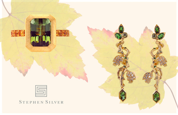 Stephen_Silver_Fine-Jewelry_Green_Tourmaline_and-Orange-Sapphire-Ring Stephen_Silver_Fine-Jewelry_Yellow-Gold_Branch_Earrings