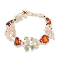 20156  Vintage hand-made Citrine and gold bracelet circa 1940s, Retro era, set with 32.00 total carats of emerald cut citrines in 14 karat green and rose gold.
