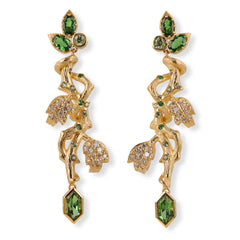 29318 18kt yellow gold branch style earrings with 1.39 total carats of lozenge cut green tourmalines, 1.23 total carats of tsavorite garnets, 0.45 total carats of green sapphires, 0.28 total carats of demantoid garnets, and 0.63 total carats of round brilliant cut diamonds 