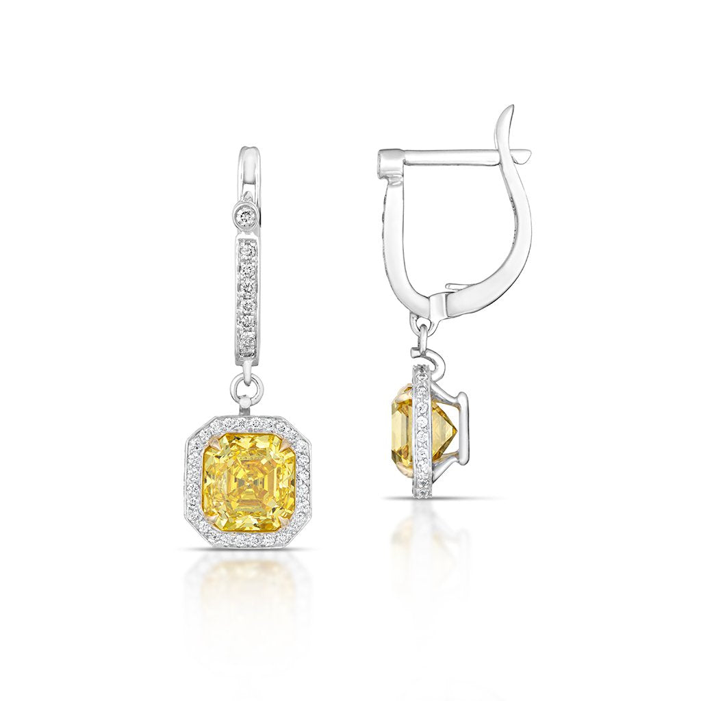 Fancy Vivid Yellow Diamond Halo Drop Earrings