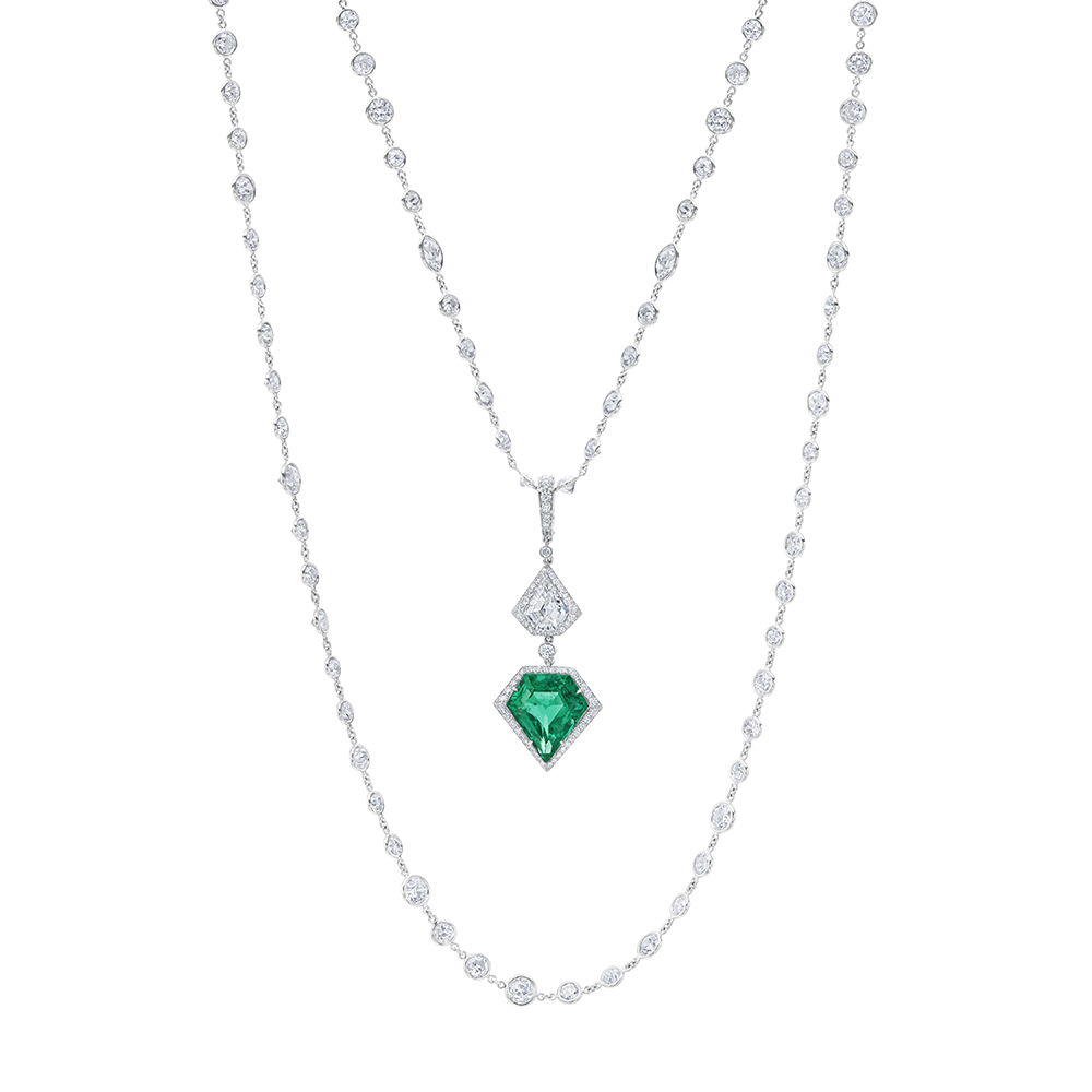 Shield Cut Emerald and Kite Cut Diamond Pendant