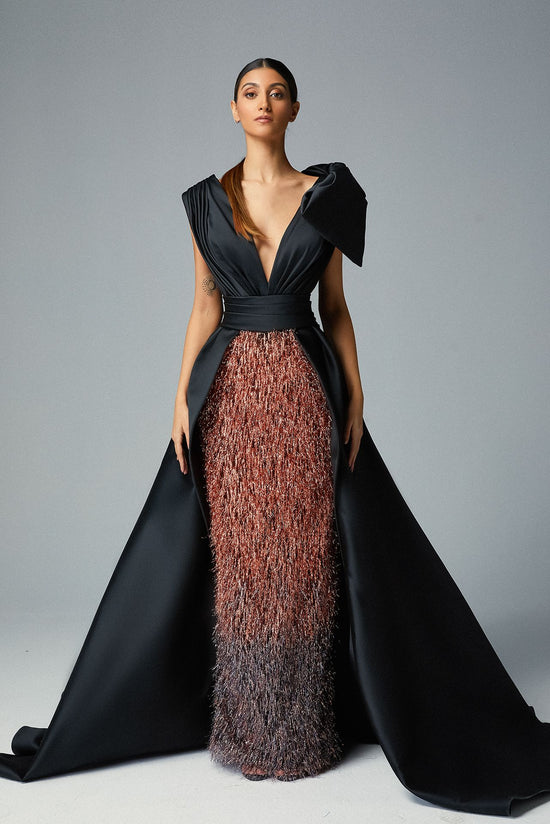 Black Cady Evening Dress with Fluffy Copper Organza Lurex Train