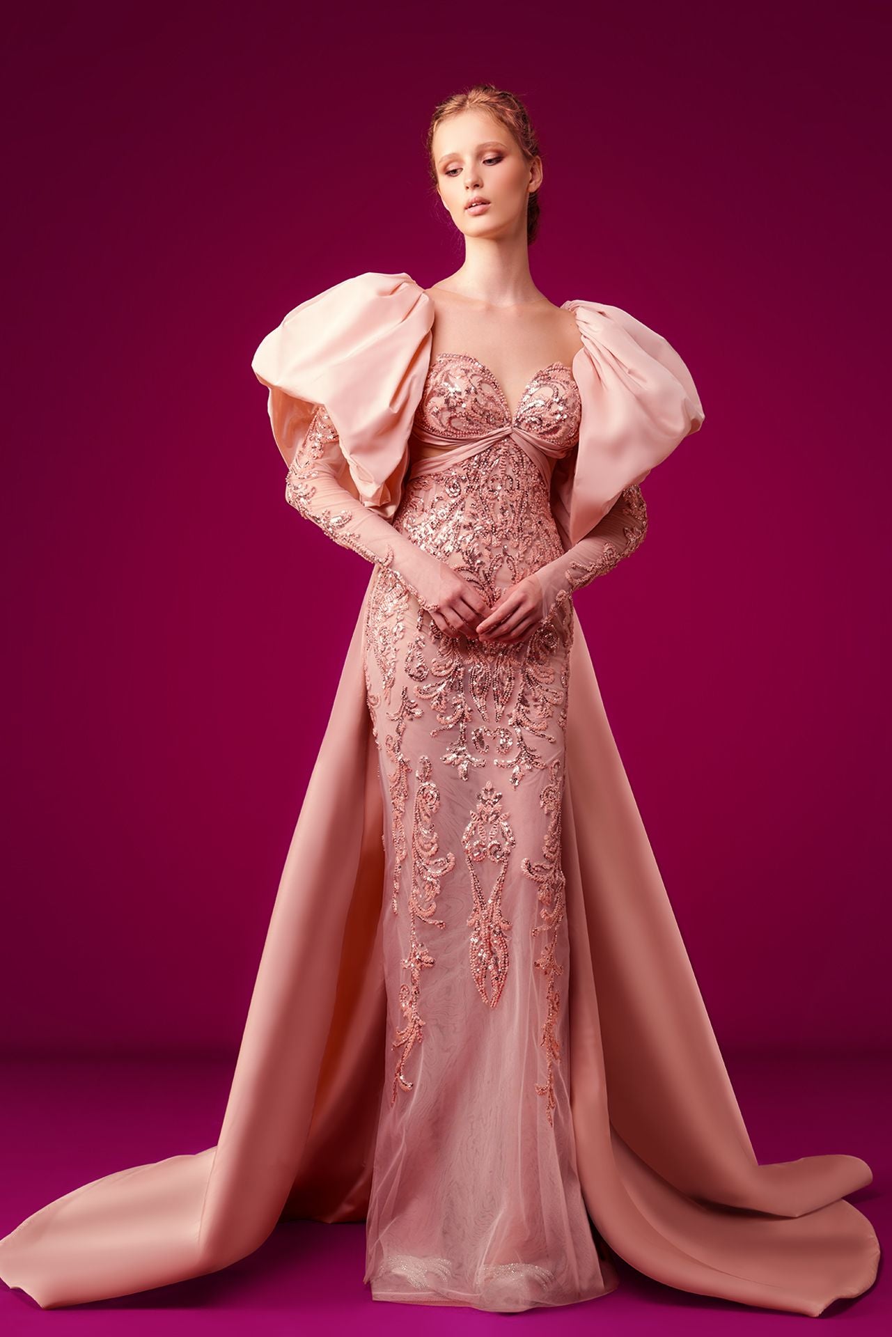 & Fabric Bejeweled – by Dress Sas Color Swarovski Seashell Net Marwan Evening Gattinolli Pink