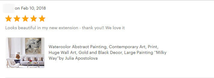 review, happy clients, Milky Way, Gold Leaf, Abstract Painting, Gray Gold Black, Watercolor Abstract, Canvas Print, Modern Wall Decor, Julia Apostolova, Extra Large Wall Art, Set of Two Abstract Paintings, 2 Canvas Prints Black Gold Teal Julia Apostolova, Large Wall Art, interior, design, home decor, interior designer, art collector