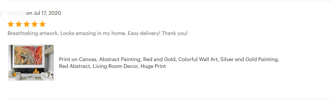 red gold wall art colorful abstract canvas print, gold silver art, large painting, Endless Passion, julia apostolova, happy clients, review, clients home, contemporary, modern, interior, decor, wall art, colorful, textured, floral, red painting, gold and silver art, rectangular art, office, home decor, dinning room