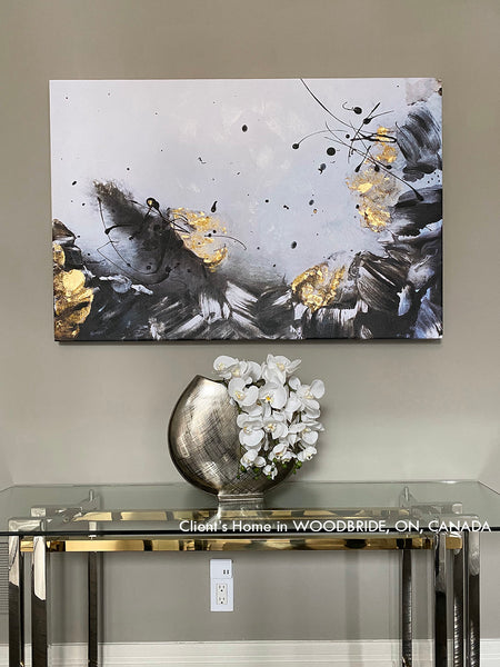 gold leaf painting, clients home, gold leaf wall art, black white, minimalist, gold black, decoration, interior, decor, abstract art, painting, julia apostolova, juliaapostolova, canvas print, modern, contemporary, ready to hang