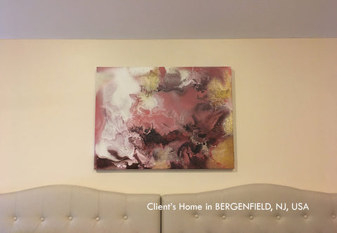 painting, watercolor, gold leaf, client's home, gold, black, pink, brown, copper, watercolor art, abstract, fluid, modern decor, beach condo, clients home, happy customers, julia apostolova, interior, modern, contemporary