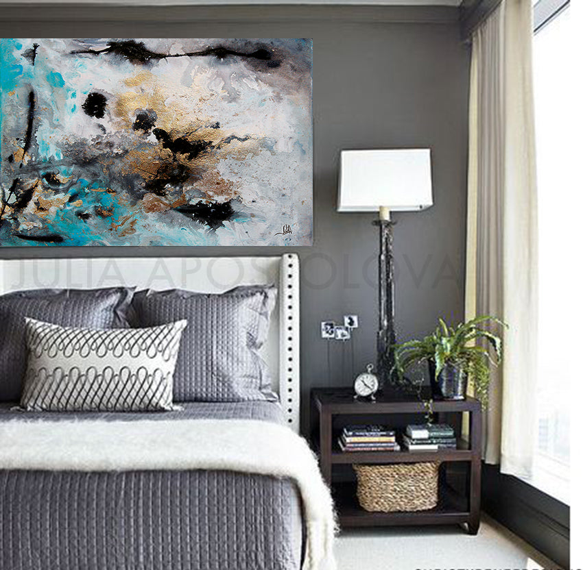 Large Wall Art Abstract Print Gray Gold Turquoise Black Calm After The Storm By Julia Apostolova