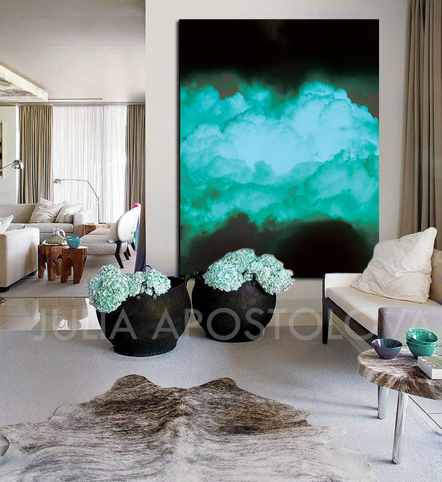 Black Teal Abstract, Cloud Painting Print, Turquoise Green, Wall Art Minimalist Home Office Decor, Julia Apostolova, Cloud Painting, Cloud Wall Art, Minimalist Painting, Dreamy Decor, Trendy Decor, Wall Art Cloud, Bedroom Wall Decor, turquoise wall art, Livingroom, Office Decor, Abstract Clouds, Interior, Design, Black and Teal Interior Designer, minimalist turquoise painting, Photography 