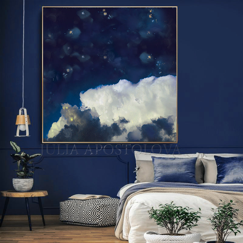 Navy Blue Cloud Wall Art Cloud Painting Canvas Minimalist Abstract Art Julia Apostolova