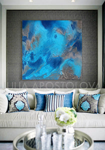 Blue Gray Ocean Wall Art Turquoise Blue Abstract Painting Ocean Print Julia Apostolova