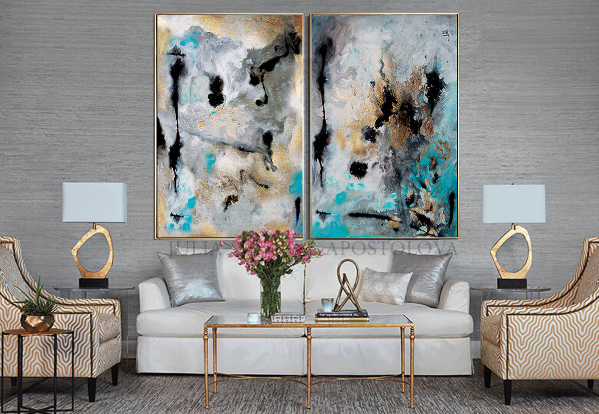 Huge Wall Art Set Abstract Paintings Two Canvas Prints, Gold Leaf Grey ...