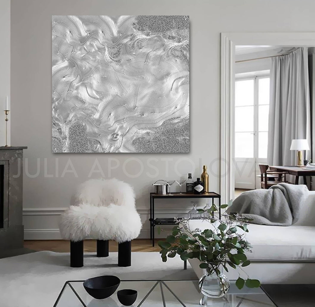 Minimalist Large Wall Art Gray Silver Abstract Print Painting Canvas ...