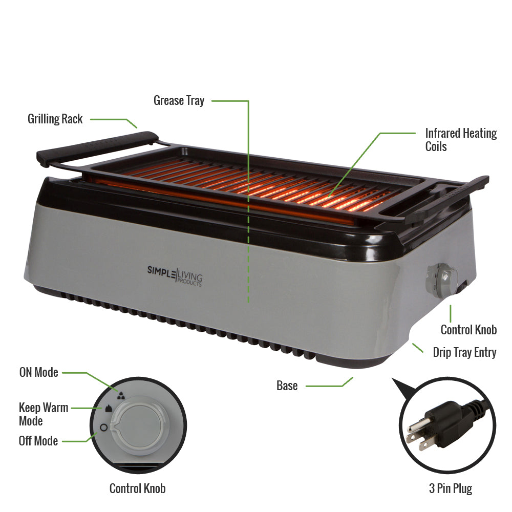 Simple Living Infrared Electric Indoor Smokeless Grill Non Stick Ceramic  8x14 Grilling Surface Consistent 446?F Temperature BBQ Char Grilled  Results with Virtually ZERO SMOKE 