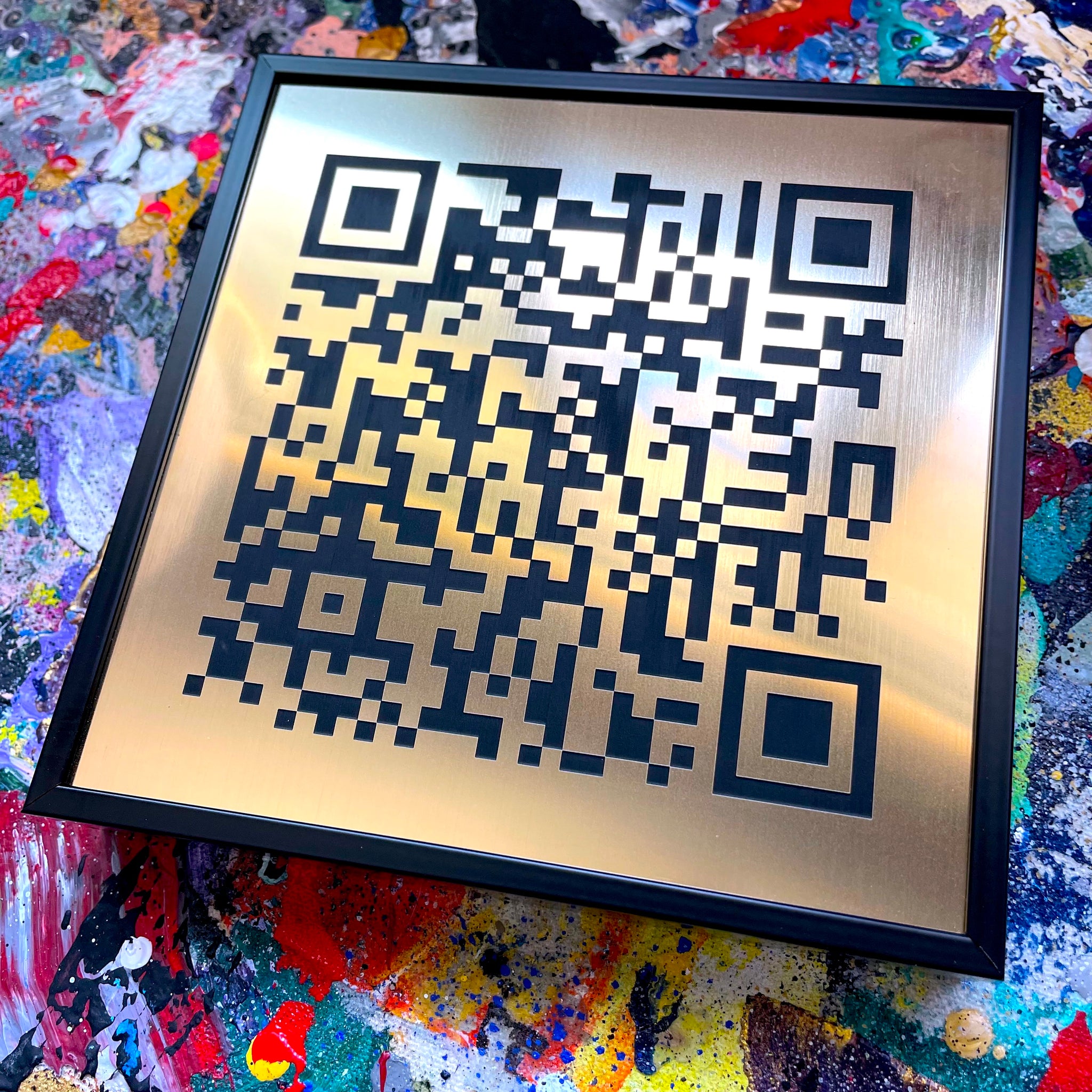brushed gold laser engraved QR code for the gold standard immersive experience with Carini Arts 