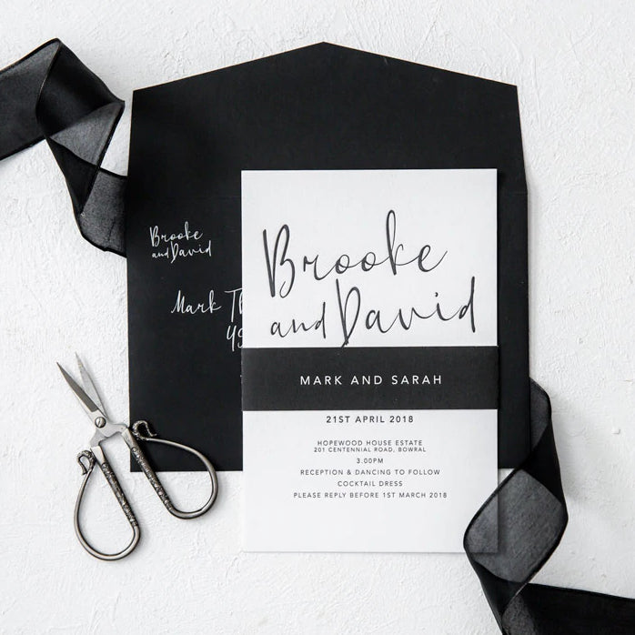 black and white wedding invitation with belly band