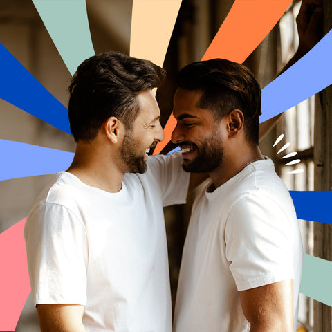 Image of Amit & Aditya face to face against striped colored background
