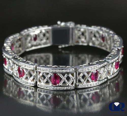 Women's Enormous 12.12 Carat Diamond & Ruby Vintage Bracelet In 14K White Gold