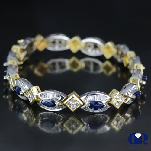 Women's 8.03 Carat Diamond & Sapphire Tennis Bracelet In 14K White & Yellow Gold