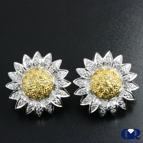 Yellow & White Diamond Sunflower Shaped Earrings In 18K White Gold