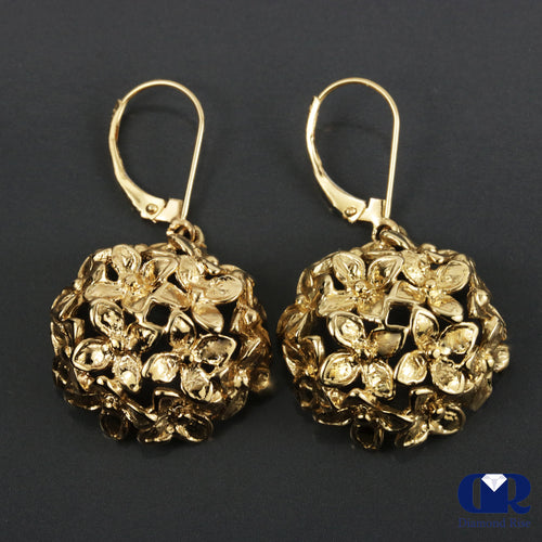 Floral Style Earrings In 14K Solid Yellow Gold With Lever Back