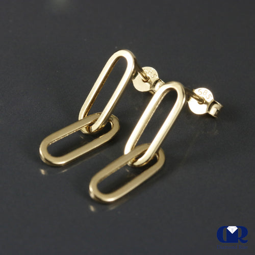 14K Yellow Gold Paperclip 2 Link Chain Dangle Drop Earrings 1"