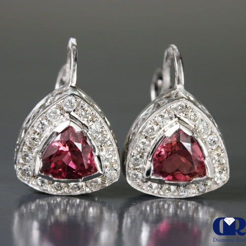3.16 Ct Pink Trillion Tourmaline & Diamond Earrings 14KWG With Lever Back