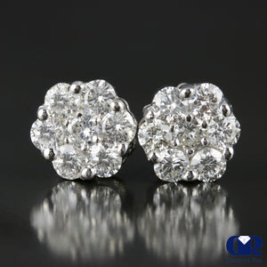 1.20 Carat Round Natural Diamond Cluster Stud Earrings In 14K White Gold - Diamond Rise Jewelry