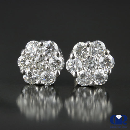 1.20 Ct Diamond Cluster Stud Earrings In 14K White Gold With Screw Back