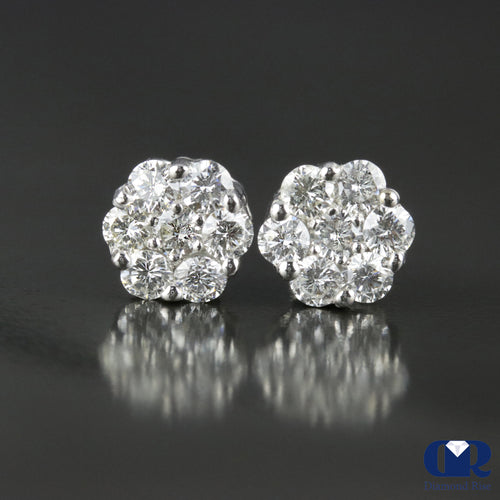 0.90 Ct Round Cut Diamond Cluster Stud Earrings 14K White Gold With Screw Back