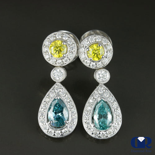 2.42 Carat Blue, Yellow & White Diamond Teardrop Earrings With Post 14K White Gold
