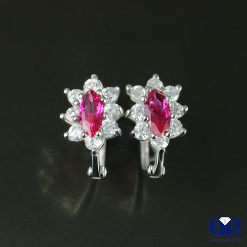 1.28 Ct Marquise Ruby & Diamond Earrings 14K White Gold With Lever back