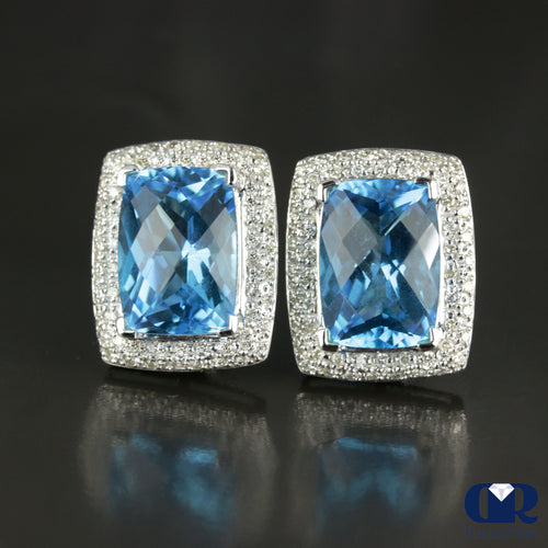 Cushion Cut Blue Topaz & Diamond Earrings In 14K Gold With Omega Back