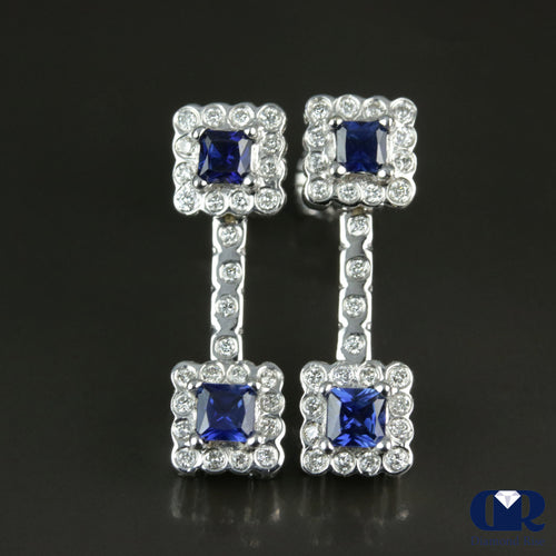 Diamond & Sapphire Dangle Earrings With Post In 18K White Gold