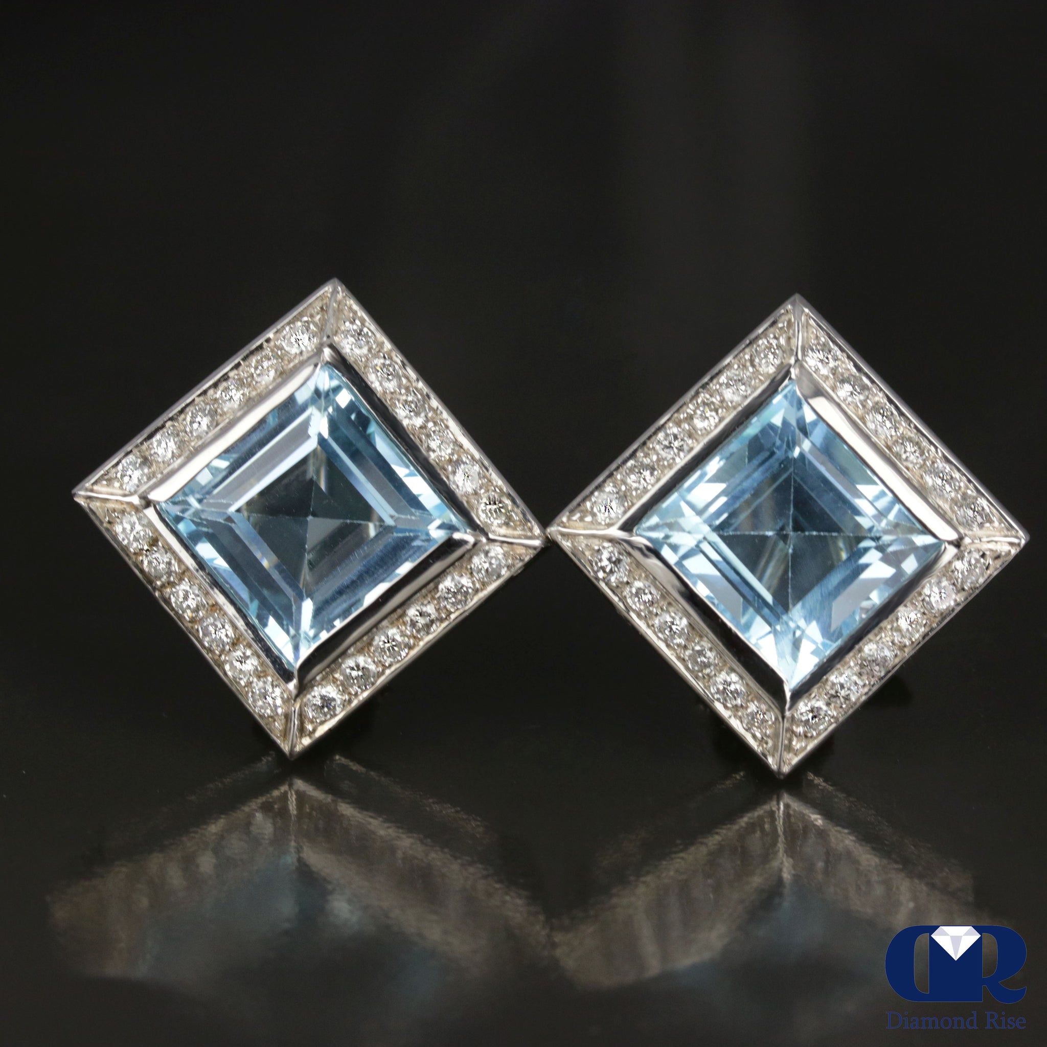 Natural Emerald Cut Blue Topaz & Diamond Earrings In 14K White Gold ...