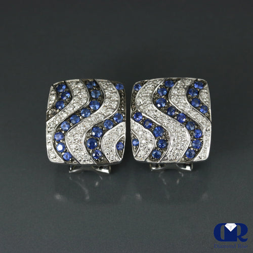 1.45 Ct Diamond & Sapphire Earrings In 14K White Gold With Omega Back