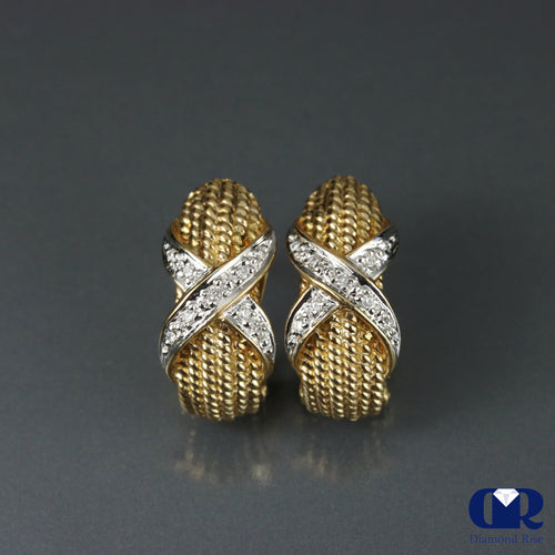 Women's Round Cut Diamond X Shaped Earrings In 14K Gold With Omega Back