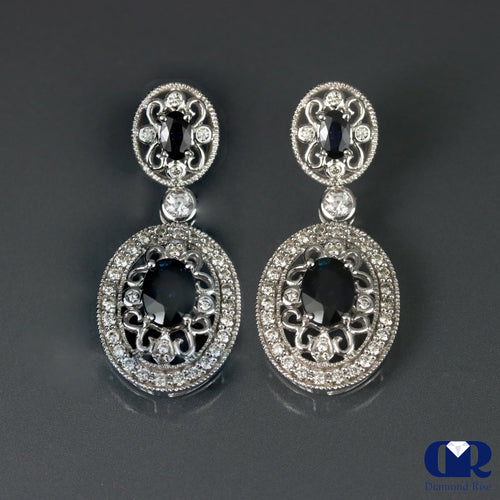 Natural Oval Sapphire & Diamond Drop Earrings In 14K Gold