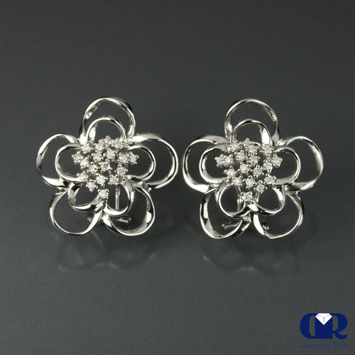 Diamond Floral Style Earrings In 14K White With Lever Back