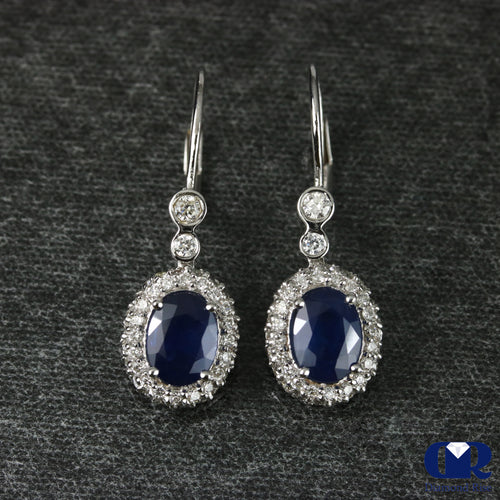 Natural Sapphire & Diamond Earrings 14K White Gold With Lever Back