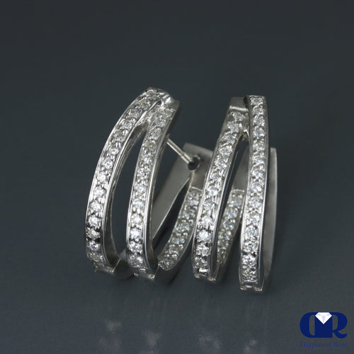 1.25 Carat Round Cut Diamond Double Row Inside-Out Hoop Earrings 14K White Gold