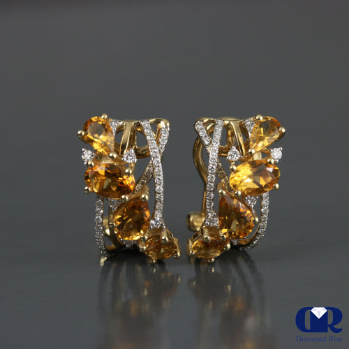 Diamond & Citrine Earrings In 14K Yellow Gold With Omega Back