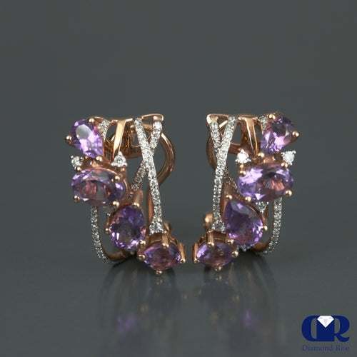 Natural Amethyst & Diamond Earrings In 14K Rose Gold With Omega Back