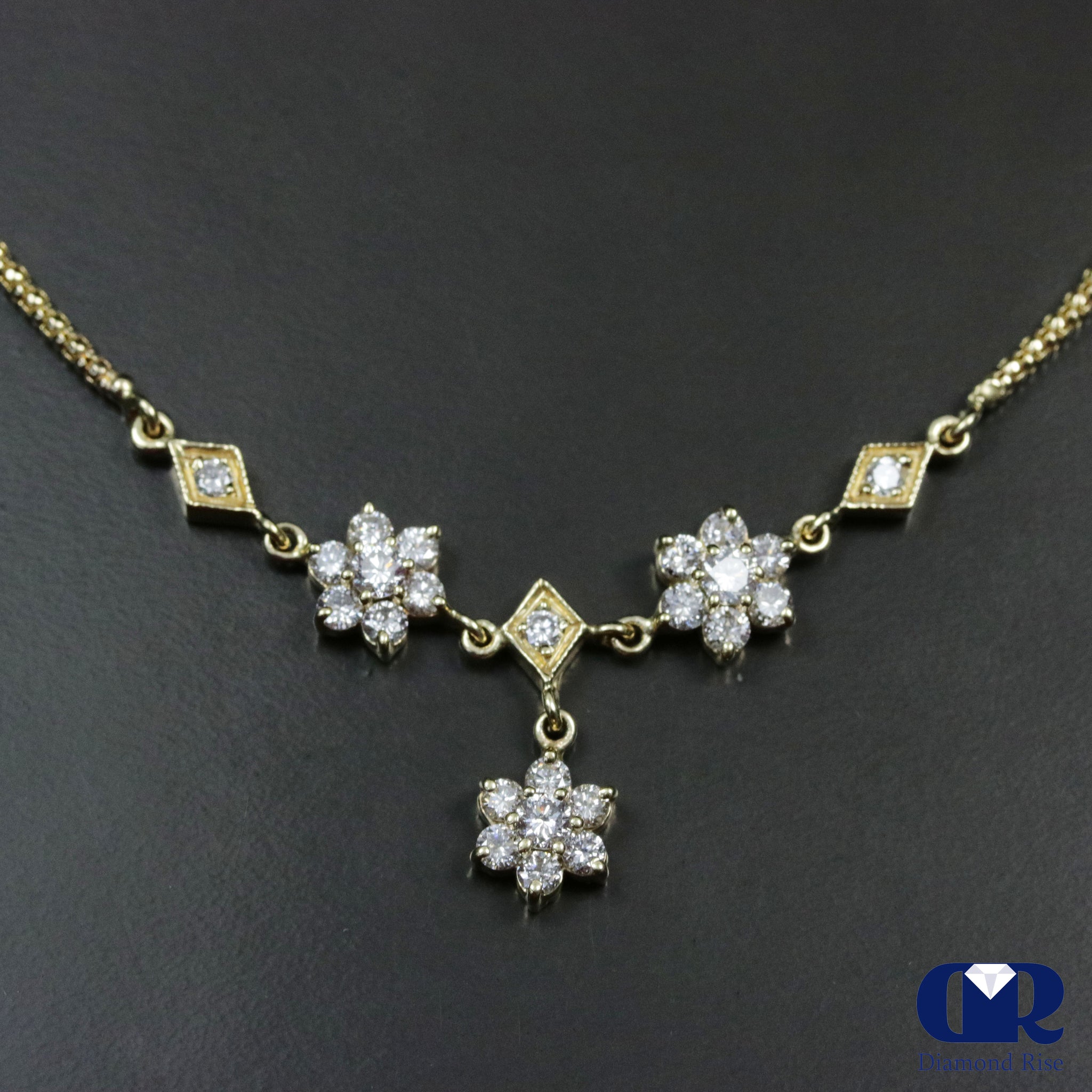 Diamond Floral Style Drop Necklace In 14K Yellow Gold - Diamond Rise ...