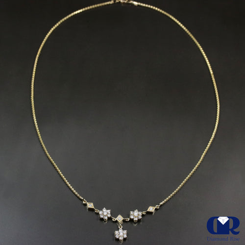 Diamond Floral Style Drop Necklace In 14K Yellow Gold